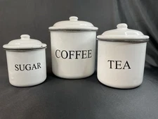 White Enamelware Farmhouse Style Coffee Tea Sugar  Nesting Canister Set