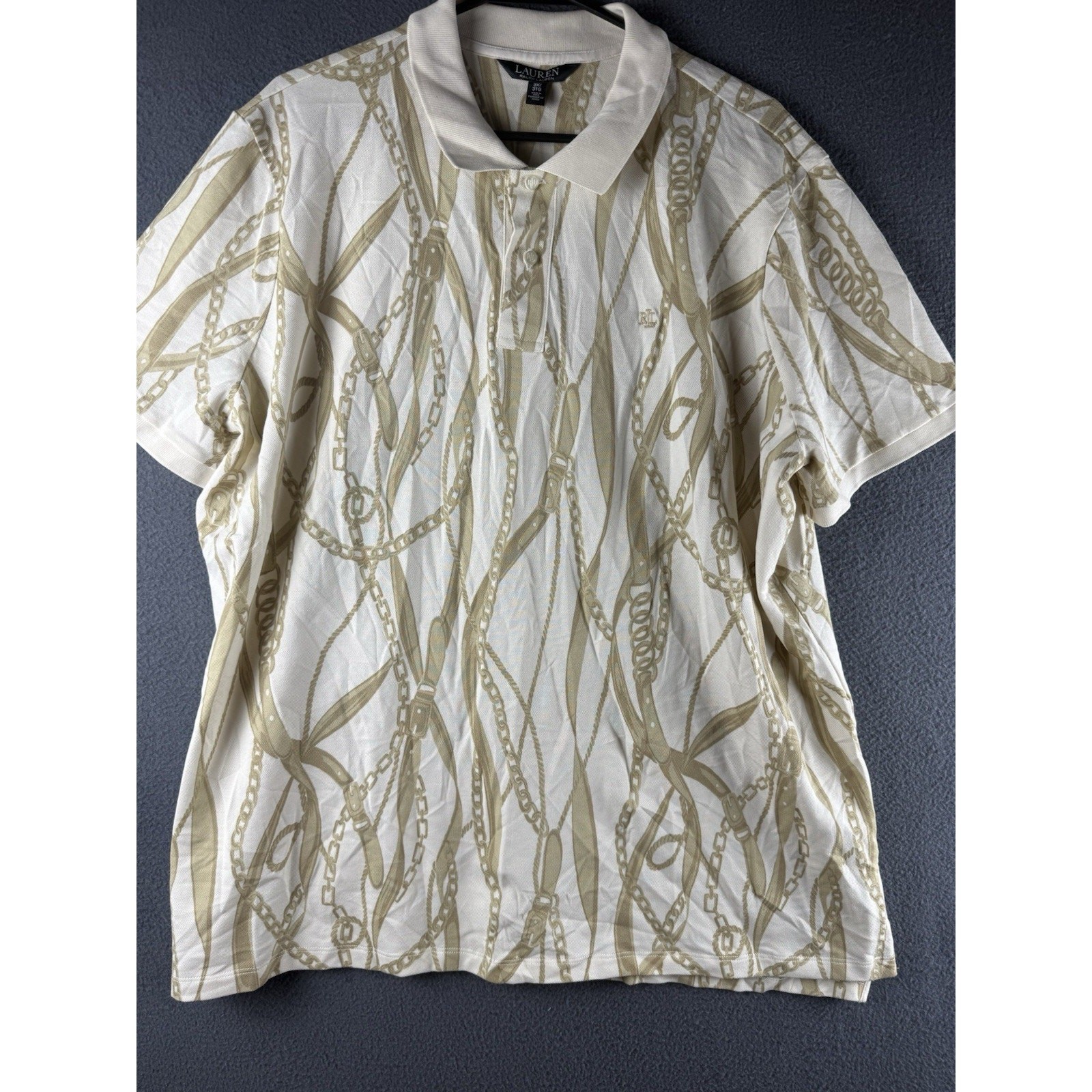 NWT Vintage Ralph Lauren White Equestrian Bridle Print Cotton Polo Shirt 3X