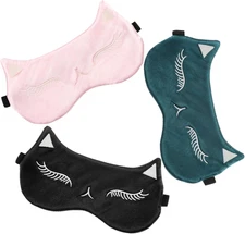 Cat Eye Sleep Mask Blackout for Women & Kids, Satin Eye Mask Set of 3, Cute Comf