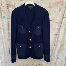 St John Santana Knit Blazer Size 12 - Navy Blue Gold Buttons Pocket Front Jacket