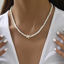 Cute Bohemian White Beaded Starfish Necklace Ocean Beach Vacation Gift