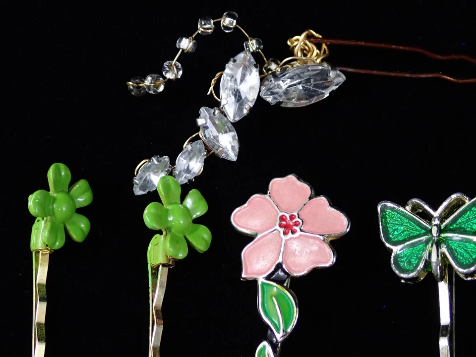 Vintage Lot Decorative Hairpin & Bobby Pin Assortment Enamel Flowers Rhinestones - Image 4 of 4
