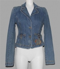DKNY Distressed Embroidered Pocket Stitched Accents Fitted Denim Jacket Wm's S