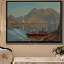 Oil Painting Canvas Print Wall Art Decor Vintage Lakeside Boats Reflection Frame
