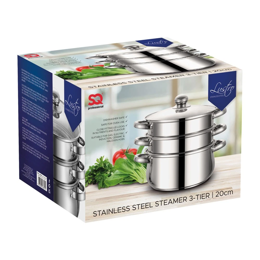 SQ Professional Lustro Stainless Steel Steamer 3-tier Lid 20cm Dishwasher Safe
