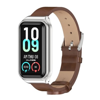 MIJOBS Strap for Amazfit Band 7 Microfiber Leather Replacement Brown+Sliver 