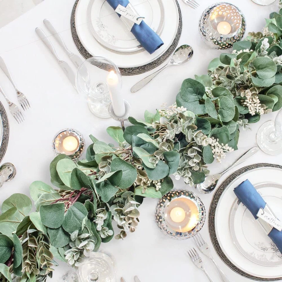 Eucalyptus Garland 6.56 Ft Lush Silver Dollar Leaves Boxwood with White Buds ... - Image 3 of 4