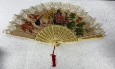 Antique Hand Folding fan Hand Painted Fabric Flower Bird Scene With lace edging
