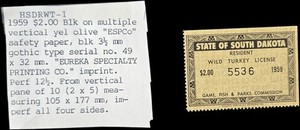 1959 South Dakota $2 Resident Wild Turkey License Stamp MNH Possible Print Error