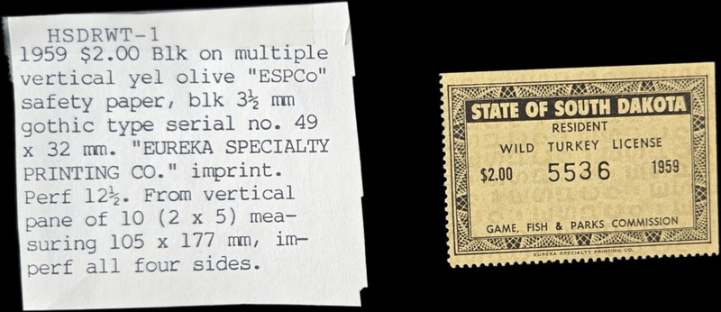1959 South Dakota $2 Resident Wild Turkey License Stamp MNH Possible Print Error