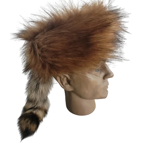 Plushy Coonskin Davey Crockett Cap Real Fur Tail Raccoon Coon Daniel Boone Hat  - Image 4 of 4