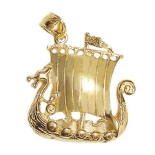 New 14k Yellow Gold 3D Viking Ship Pendant