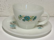 Vintage Fire King Oven Ware Bonnie Blue Carnation Flower Coffee Tea Cup Saucer