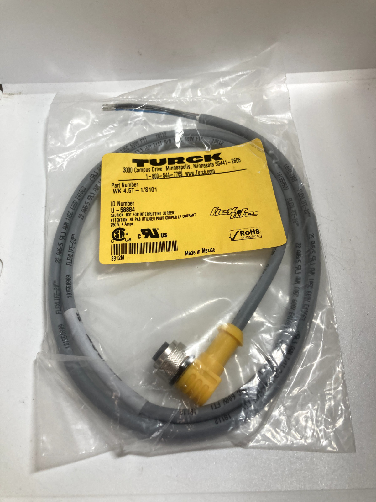 TURCK WK4.5T-1/S101 CORDSET 250V 4 AMPS FLEXLIFE (U-58884) NIB