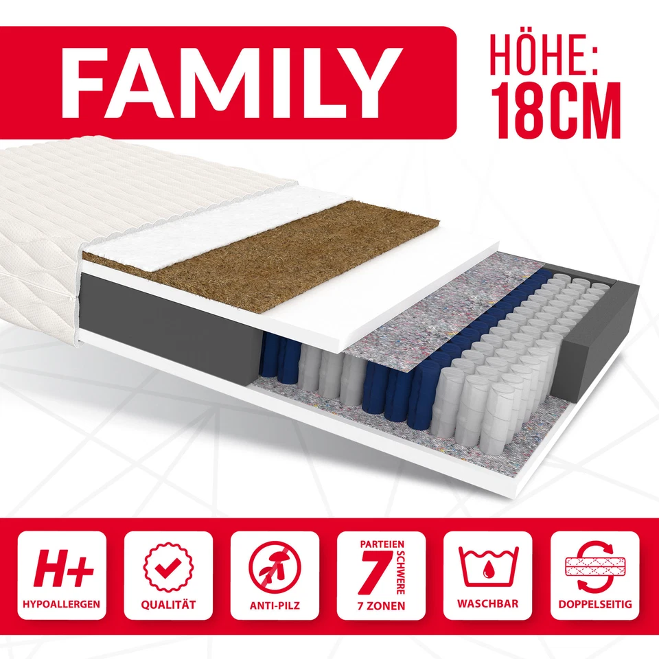 Matratze 160x200 Taschenfederkern FAMILY H3 H4 7 Zonen Kokos 18 cm JERSEY - Bild 3 von 4