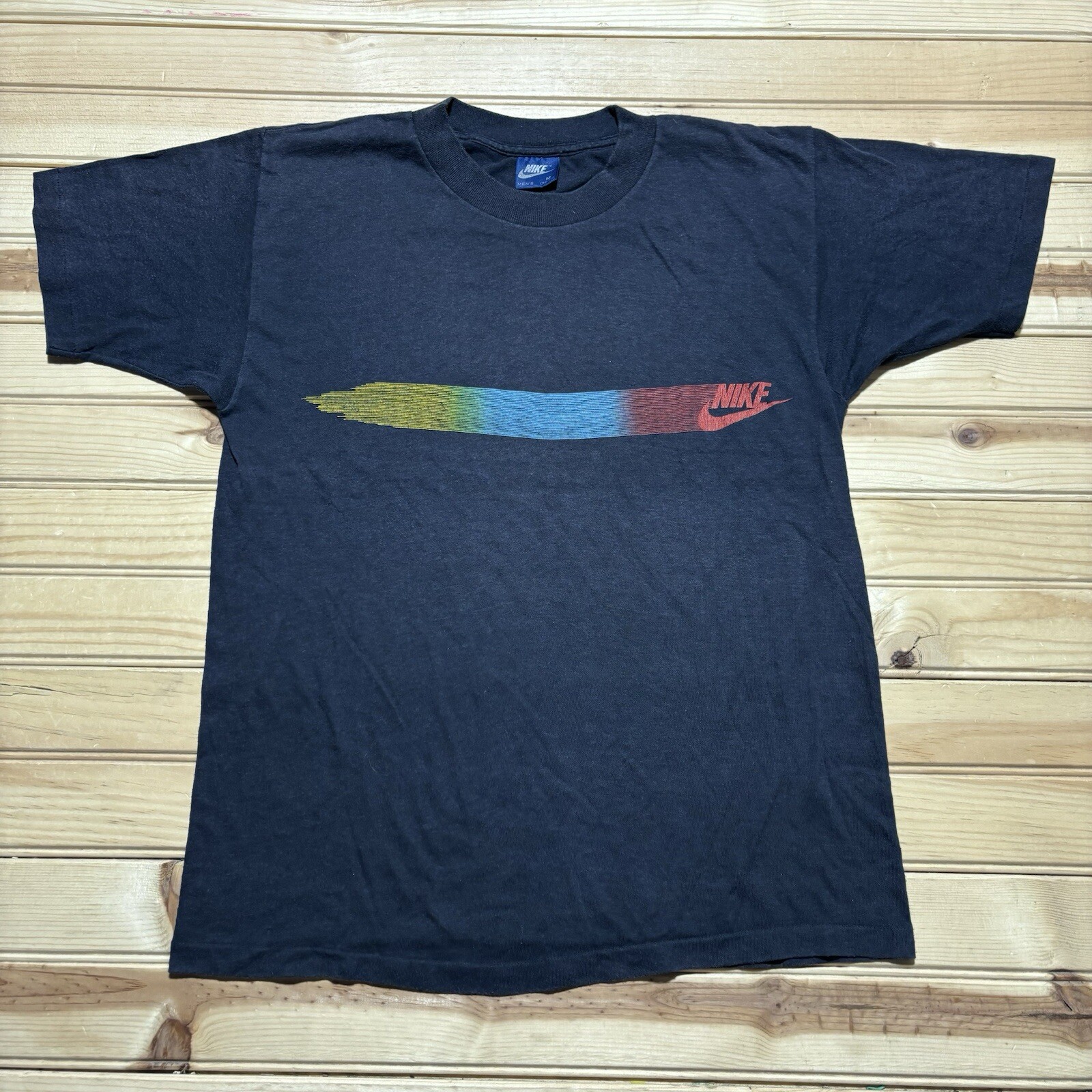 Vintage 80s Nike Blue Tag Rainbow Spellout Logo  Shirt Size Medium RARE