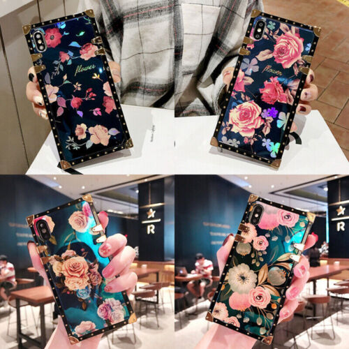 Luxury Bling Blu-Ray Flower Square Case For iPhone 6-11 12 13 14 15 Pro Max X XR - 第 1/16 張圖片
