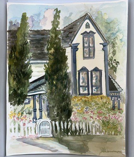 Vintage Original Watercolor Painting House Signed Joan Perry 22.5” H x 17.5” W - Picture 2 of 4