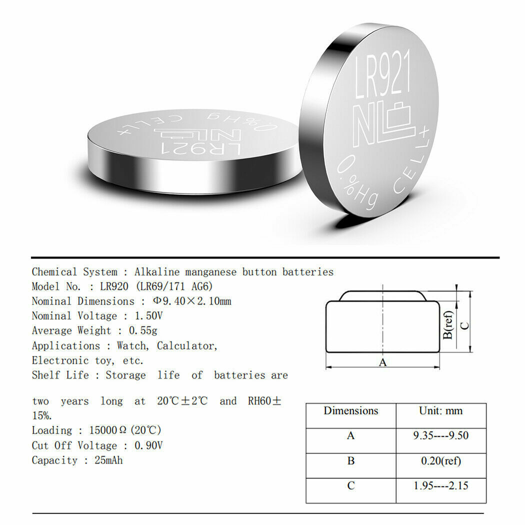6X AG6 LR69 LR921 SR920W SR921 Alkaline 371 370 Watch Battery