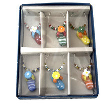 NEW Pier 1 Imports 6X Drink Charms GLASS Flip Flops w/Flower & Beaded Ring