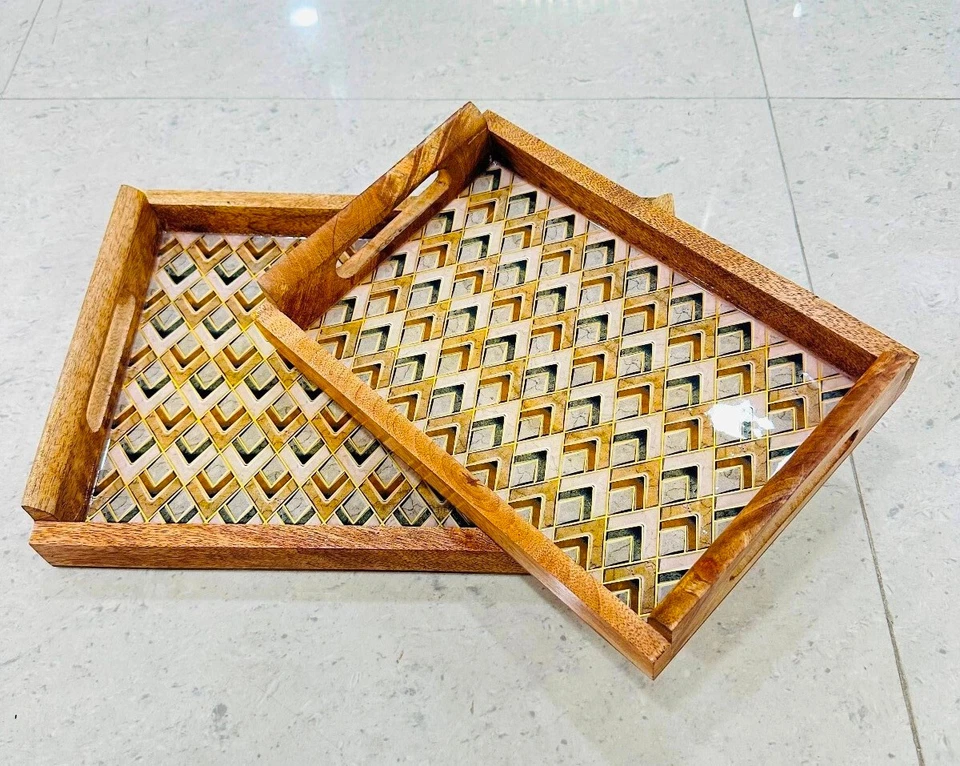 Kitchen & Dining Wooden Serving Tray Set of 2 - Large Tray with Handles 16" x 13 - Image 2 of 4