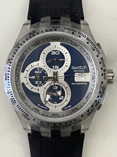Swatch Watch Right Track Blue SVGK 407 Diaphane Automatic Chronograph