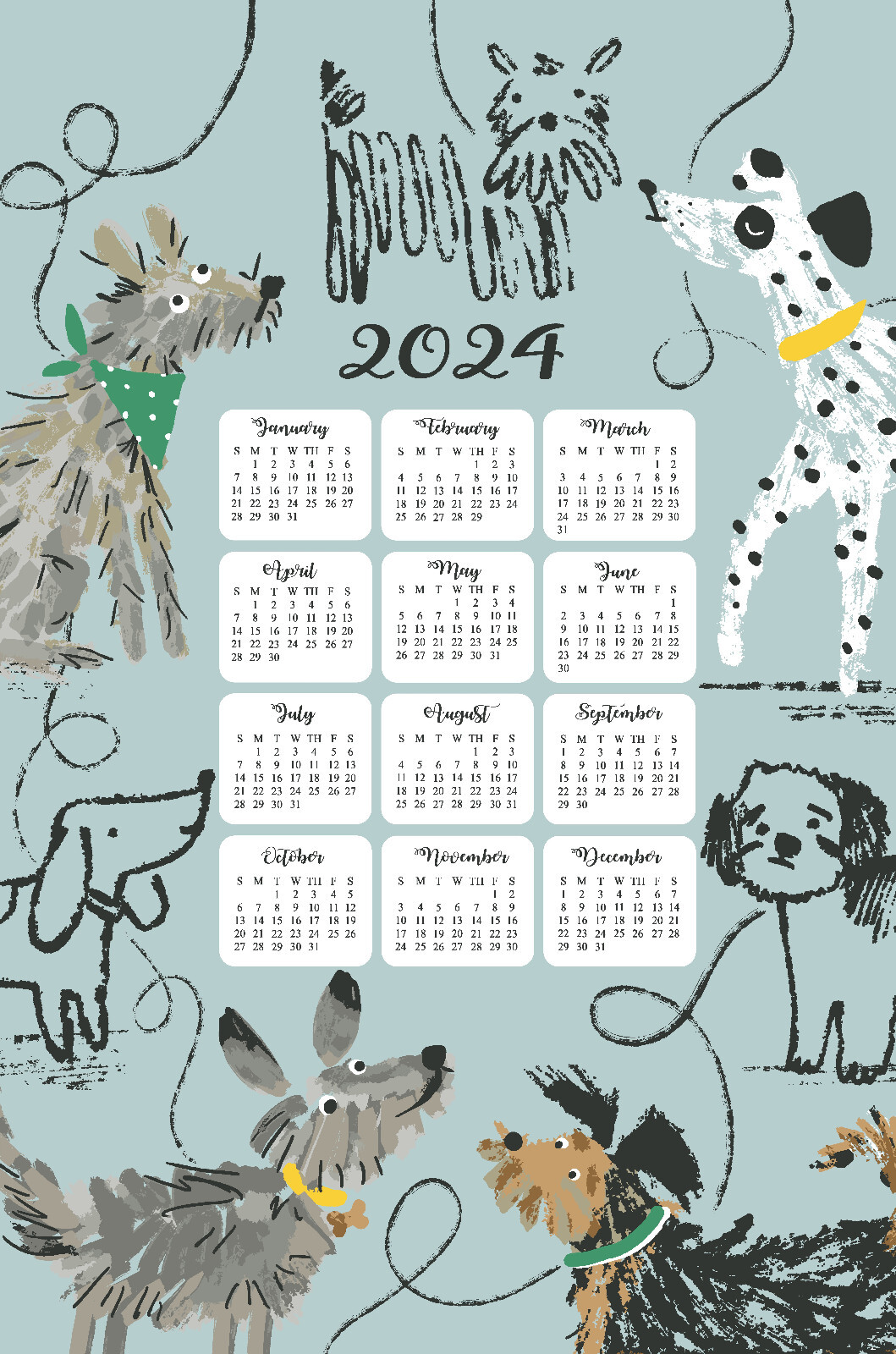 Ulster Weavers Dog Days 2024 Calendar 100% Cotton Tea Towel - Ltd Ed Post W/wide