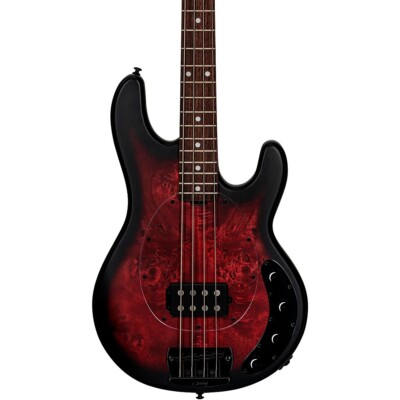 Sterling by Music Man StingRay RAY34 Poplar Burl Top Bass Dark Scarlet Burst Sat
