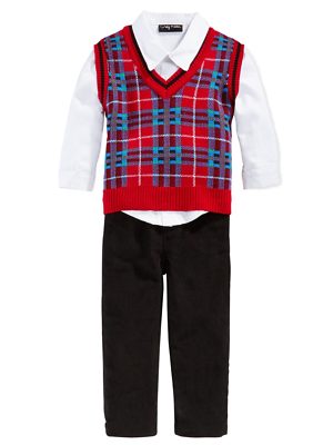 Only Kids Infant Boys 3 Piece Dress Up Outfit Pants Shirt & Red Sweater Vest