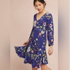 Anthropologie Maeve Maplewood Blue Floral Print Long Sleeve V-Neck Dress Sz XS