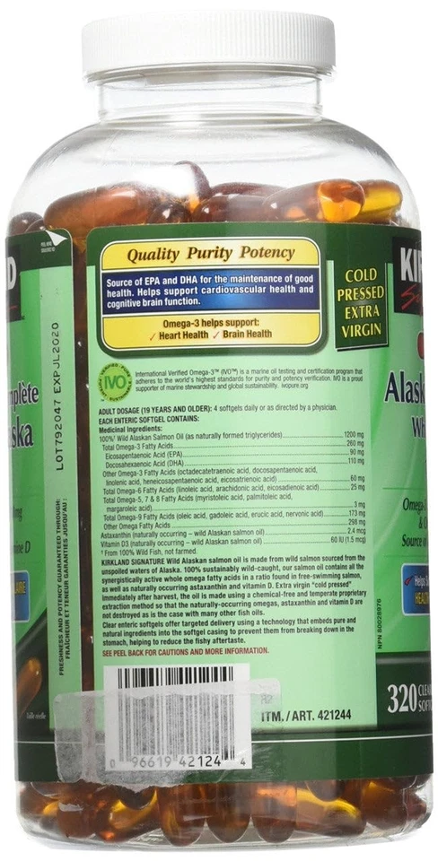 Aceite de salmón Kirkland Signature 100 % salvaje de Alaska 90 EPA 110 DHA 1200 mg - 320 Foto 3 de 4