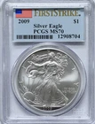 2009 $1 PCGS MS 70 American Silver Eagle 1 oz 999 First Strike Flag Label