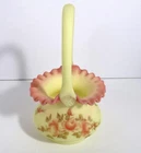 VTG Fenton Burmese Satin Custard Uranium Hand Painted Roses Basket Artist Signed