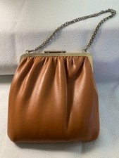 VINTAGE Leather Reversible Caramel/White Pouch Evening Purse w/ Shoulder Chain
