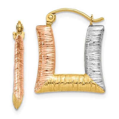 Quadratische Creolen 17 mm 14 Karat Gelbgold mit rosa & weißer Beschichtung hohl strukturiert