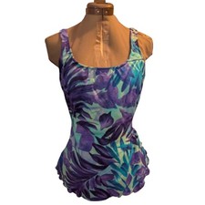 Vintage 90s Jantzen blue Aqua Purple Abstract floral Print Swim Suit Skirt