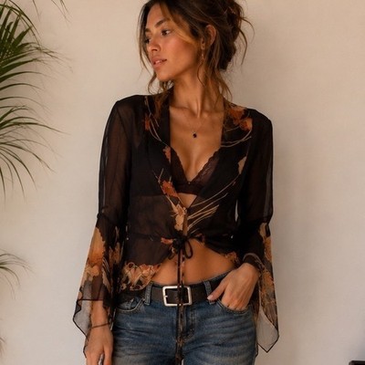 Harari Sheer Silk Wrap Top Black Floral Art Nouveau Flare Sleeve Boho M