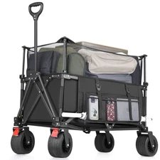 Outdoor Collapsible Wagon, Beach Wagon Cart with All Terrain Wheels, Side Pocket