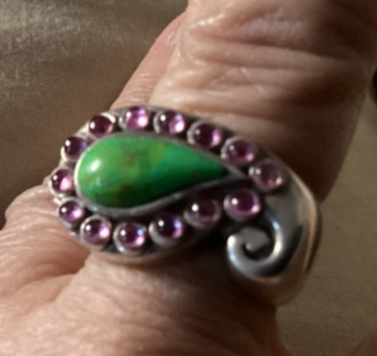 BARSE Rare Wide Square Band 925 Silver w/ Green Turquoise + Amethyst Ring~Sz. 6