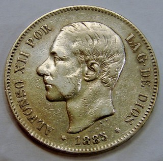 Spain 1885 (87) MS M Silver 5 Pesetas KM# 688