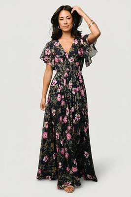 NWOT Baltic Born Lynlee XL Metallic Maxi Dress Flutter Sleeve Smocked Romantic