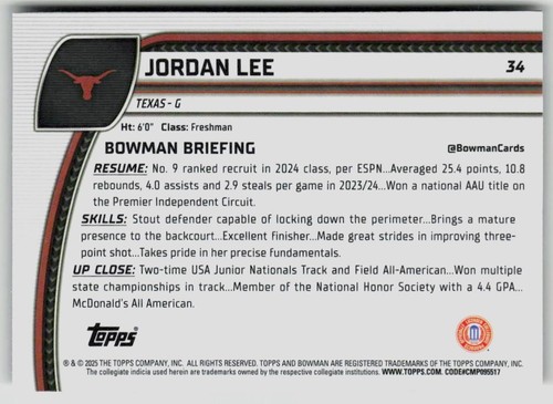 2024-25 Bowman University Chrome #34 Jordan Lee - 第 2/2 張圖片