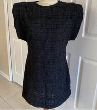 Zara NWT Classic Black “Thready” Bouclé Zip Dress JR S Large Cap Sleeves