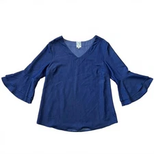 Naif Blue Bell Sleeve V-Neck Blouse Top Medium Rayon Stretch 3/4 Sleeve Women’s
