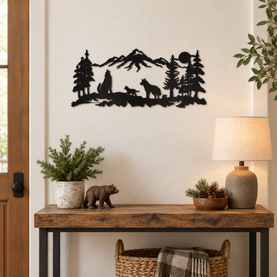 Wolf Pack Mountain Metal Wall Art Black Rustic Cabin Wildlife Decor 20x8.5