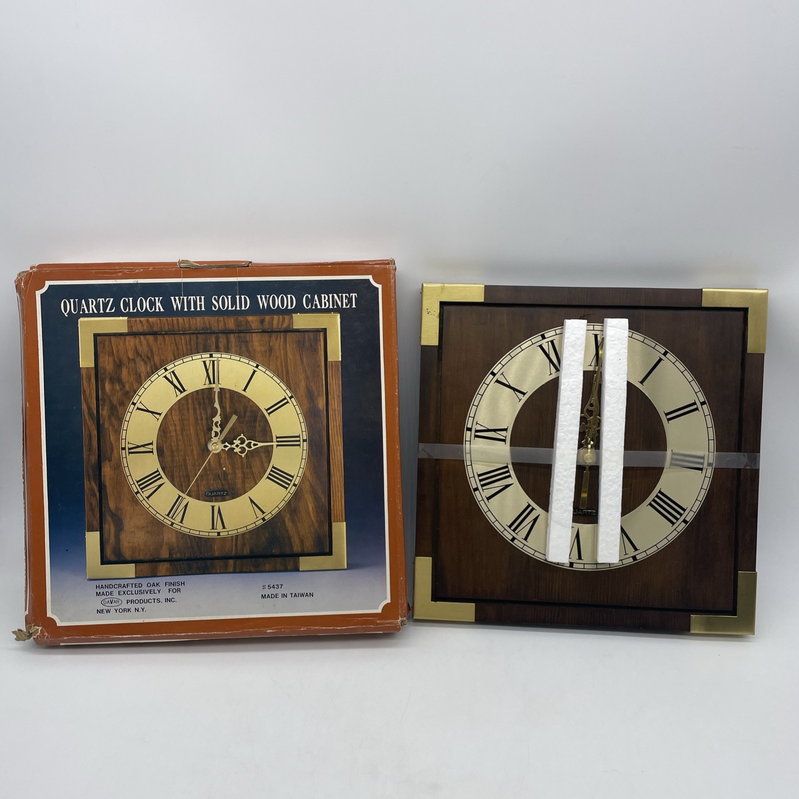 Square Solid Wood Wall Clock Roman Numerals Brass Tone Quartz Battery 9in