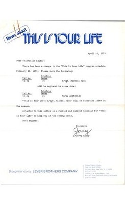 1973 This Is Your Life Press Release Schedule Change Lever Bros Morey Amsterdam