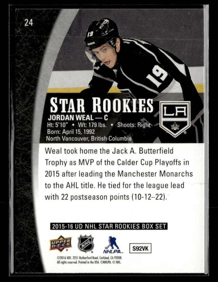 2015-16 Upper Deck Star Rookies #24 Jordan Weal Card Los Angeles Kings - Image 2 of 2