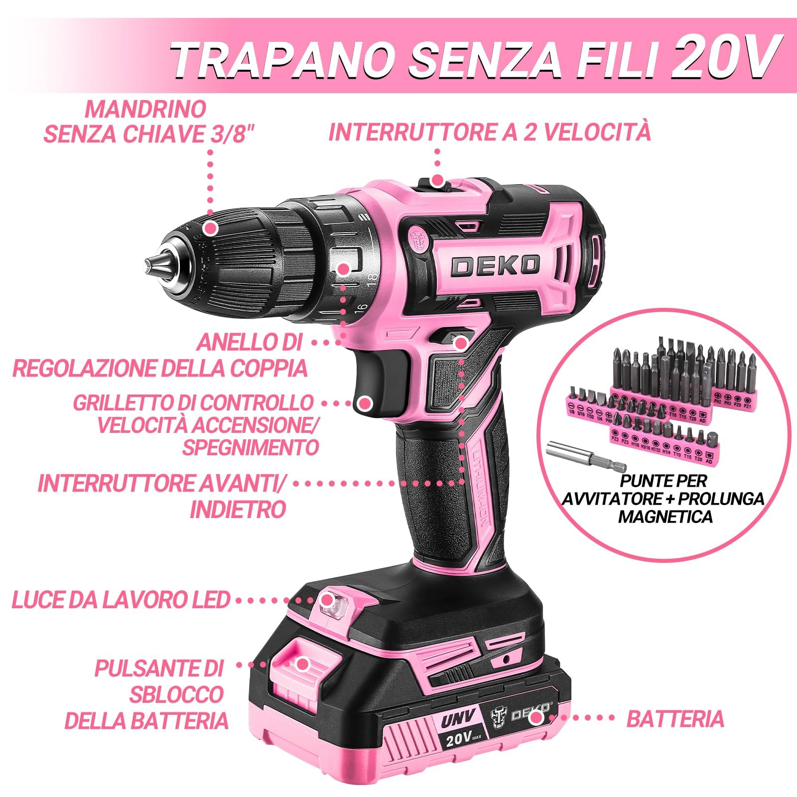 DEKO Cassetta Attrezzi Completa Rosa con Trapano Avvitatore Batteria 20V 186 foto 3