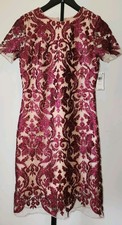 NWT DRESS THE POPULATION Berry Nude Sequin Sheath Knee Length Dress Mesh Size M